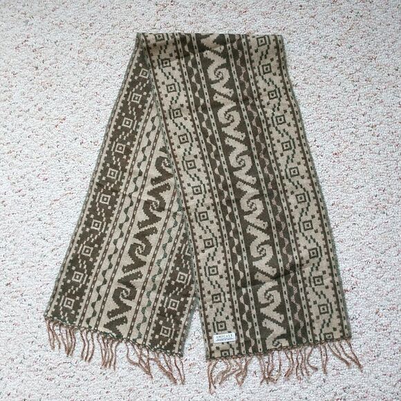 Amicale Scarf Beige Brown 100% Mercerized Wool Ethnic Geometric Fringes Unisex - Picture 2 of 6